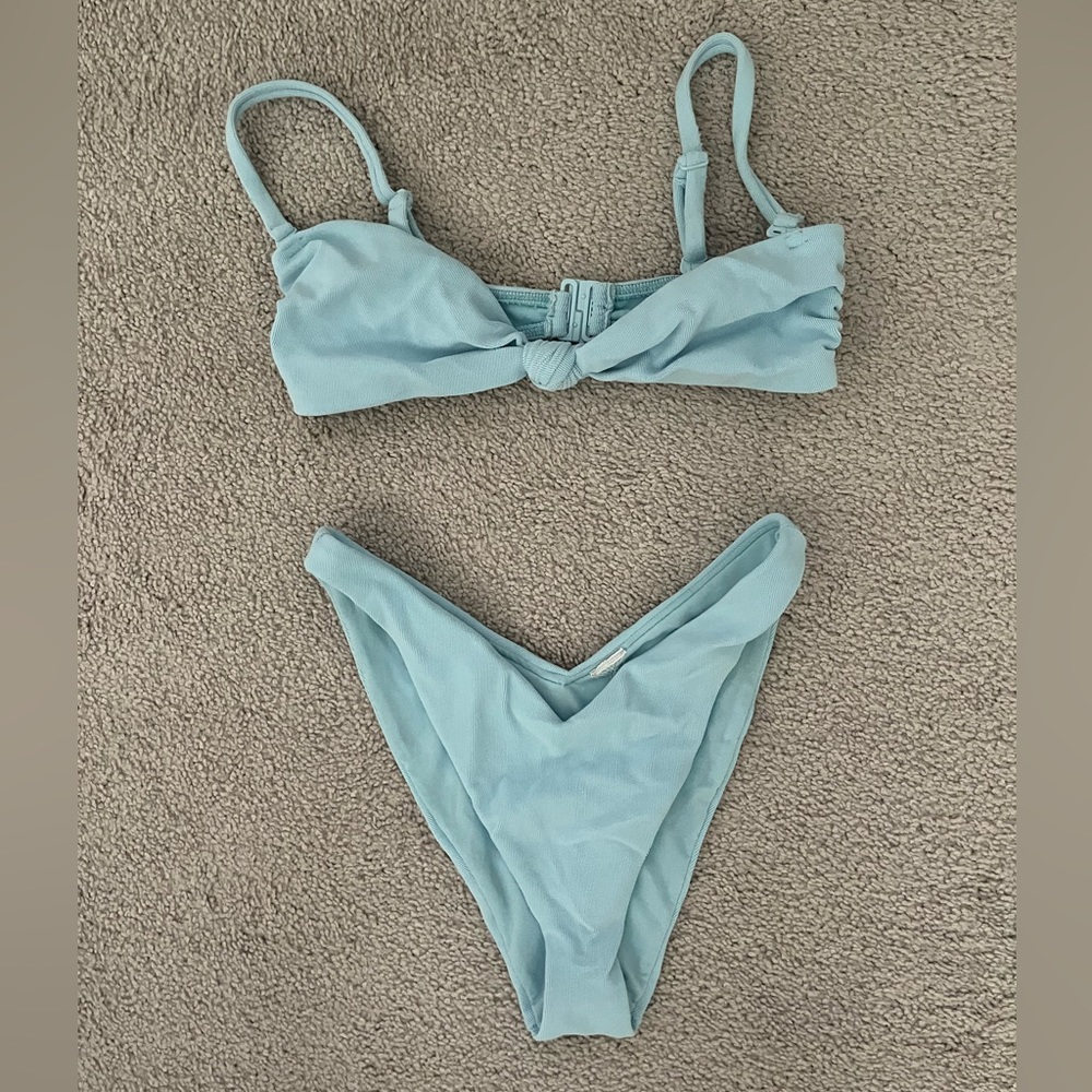 Ribbed Front Tie and High Leg Bikini Set